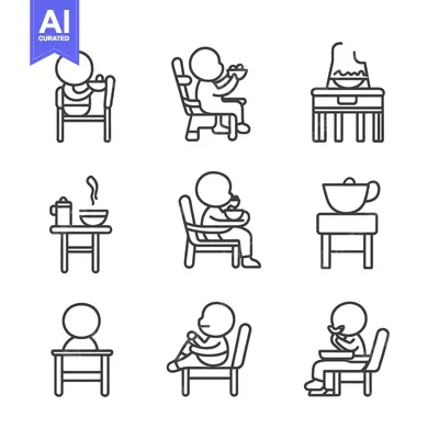 Aset desain premium: Stick Figure Illustrations of People Eating at Tables and Chairs