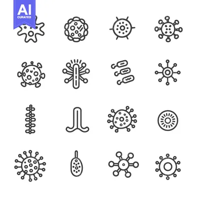 Set of 16 Line Icons Illustrating Different Types of Viruses and Bacte