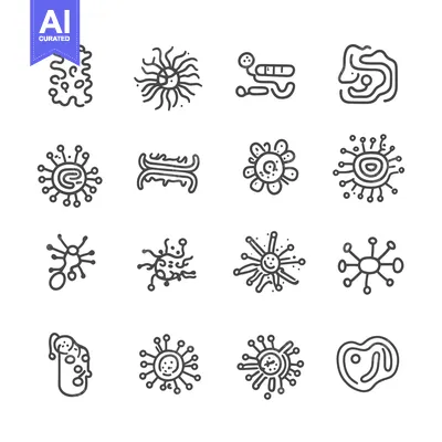 Set of 16 Monochrome Line Art Illustrations Depicting Various Bacteria