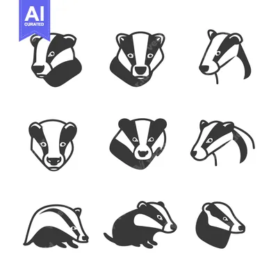 Aset desain premium: Nine Black and White Badger Illustrations in Various Poses