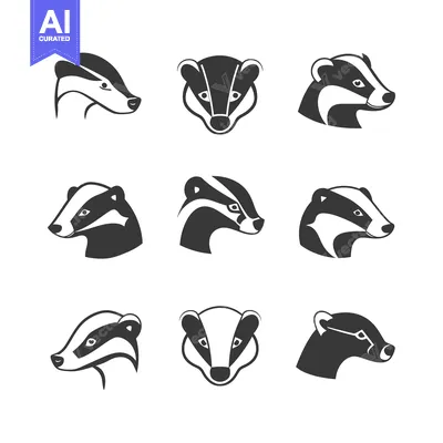 Premium design asset: Nine Stylized Badger Head Illustrations in Black and White