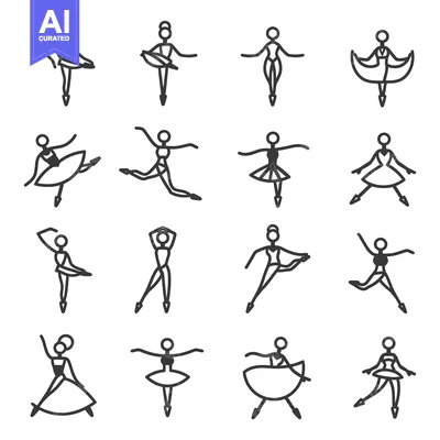 Aset desain premium: Sixteen Stick Figure Ballerinas Performing Various Dance Poses