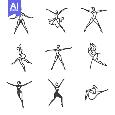 Aset premium populer: Nine Black and White Line Drawings of Ballerinas in Various Poses