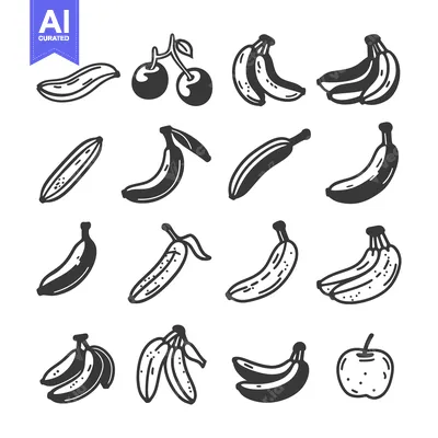Aset desain premium: Black and White Illustration of Bananas, Cherries, and an Apple
