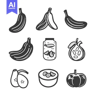 Set of black and white icons with whole and sliced cucumbers and tomat