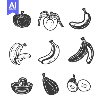 Aset premium populer: Hand-drawn black and white illustrations of various fruits