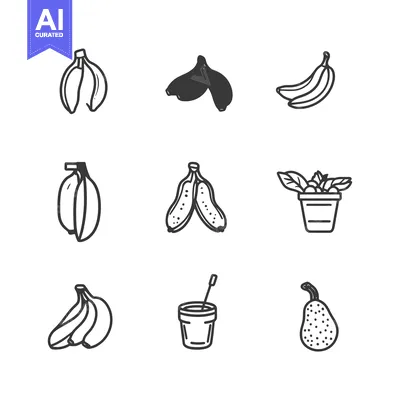Aset desain premium: A Set of Nine Hand-Drawn Banana Illustrations in Black and White