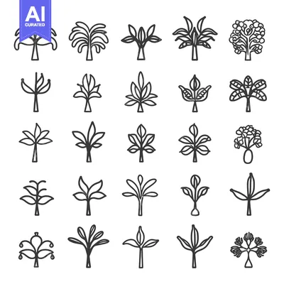 Aset premium populer: Collection of Line Art Illustrations of Various Trees and Plants