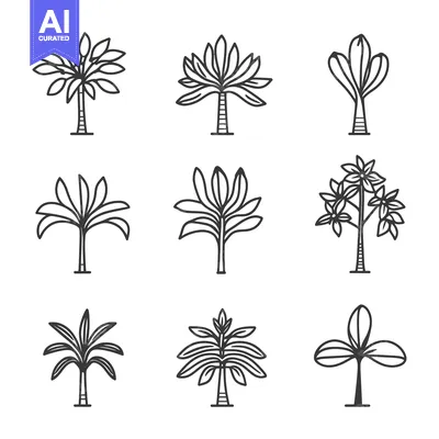 Aset desain premium: Nine Outline Illustrations of Palm Trees in Various Styles