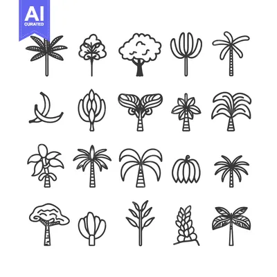 Aset desain premium: Hand-Drawn Outline Illustrations of Various Palm Trees and Banana Tree