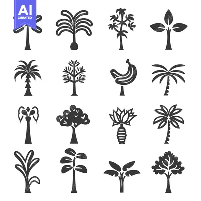 Aset desain premium: Set of sixteen stylized palm tree icons