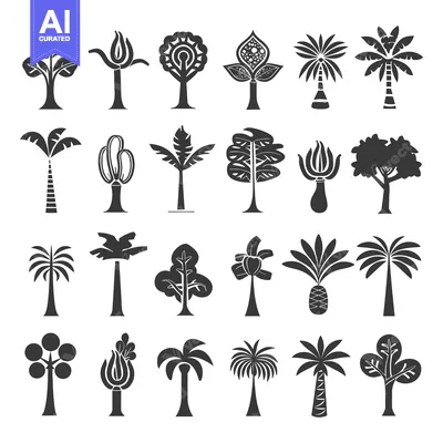 Aset desain premium: Collection of 24 Different Tree Silhouettes