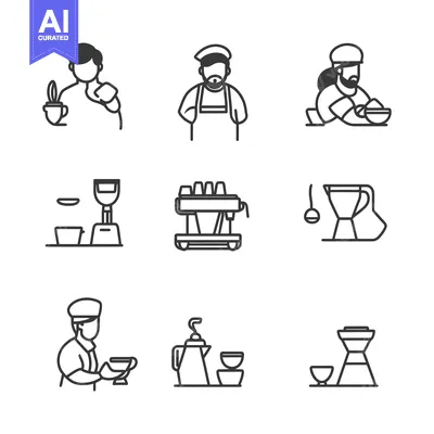 Coffee Shop Barista and Equipment Line Icons Set
