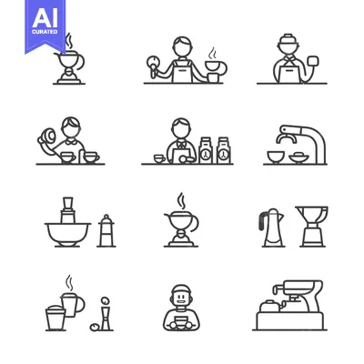 Premium design asset: Line Art Illustrations of Coffee Brewing Methods and Baristas