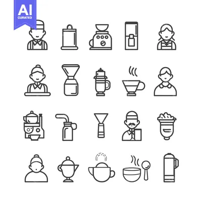 Line Art Icons of Coffee Shop Employees and Equipment