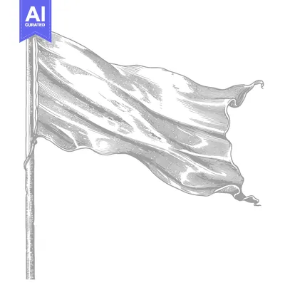 An engraved illustration of a flag waving on a pole with an ornate fin