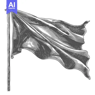 Aset desain premium: Black and White Engraving of a Waving Flag on a Pole