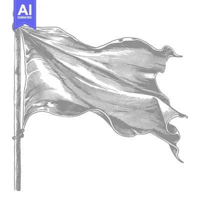 Aset desain premium: A monochrome engraving of a flag waving on a pole