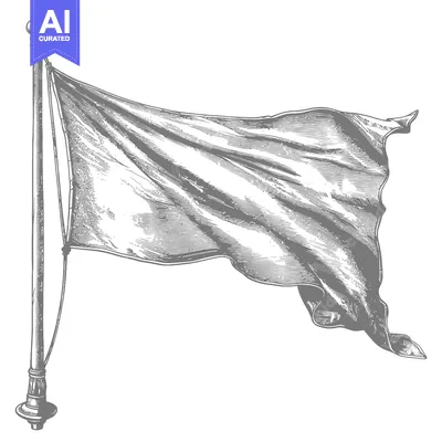 Aset desain premium: A Hand-Drawn Engraving of a Waving Flag on a Pole