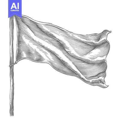 Aset desain premium: A woodcut illustration of a blank flag waving on a pole