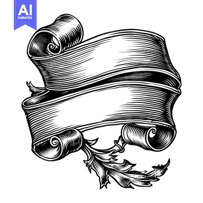 Aset desain premium: Black and White Hand-Drawn Scroll Banner with Flourish