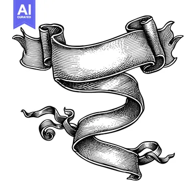 Premium design asset: Black and White Hand-Drawn Ribbon Banner with Scrolls