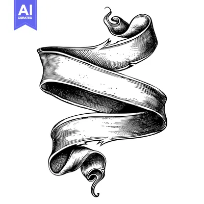 Aset desain premium: Hand-drawn black and white illustration of a curled ribbon banner