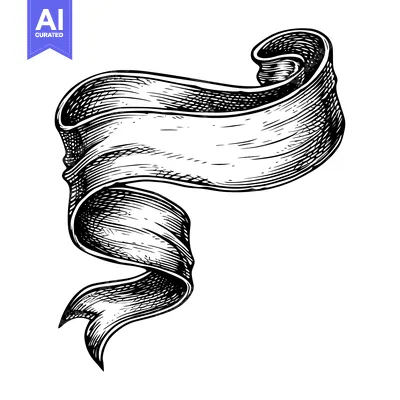 Premium design asset: Hand-drawn Black and White Curled Ribbon Banner