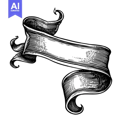 A Hand-Drawn Black and White Ribbon Banner with Curled Ends