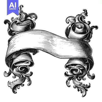 Aset desain premium: Ornate Black and White Scroll Banner with Flourishes