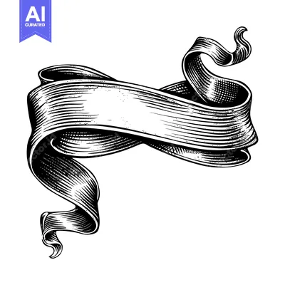 Aset desain premium: A Hand-Drawn Black and White Banner with Detailed Lines and Curves