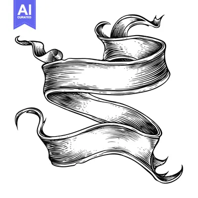 Aset desain premium: Black and White Illustration of a Curled Ribbon Banner