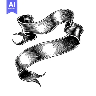 Aset premium populer: A Black and White Illustration of a Curled Ribbon Banner