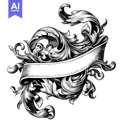 Aset desain premium: Ornate Black and White Scroll Banner with Floral Design