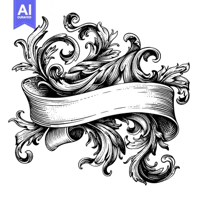 Aset desain premium: Ornate Black and White Floral Banner with Scroll