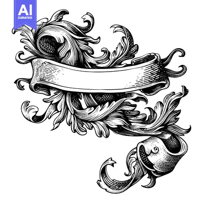 Aset desain premium: Ornate Floral Design with Ribbon Banner
