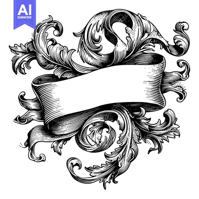 Premium design asset: Ornate Scrollwork with Blank Ribbon Banner