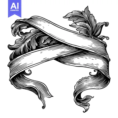 Aset premium populer: Black and White Illustration of a Ribbon with Ornamental Leaves