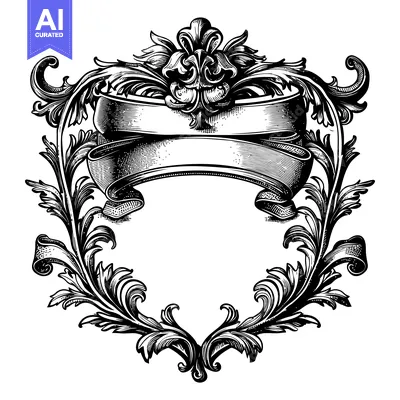 Aset desain premium: Ornate Black and White Floral Frame with Ribbon Banner