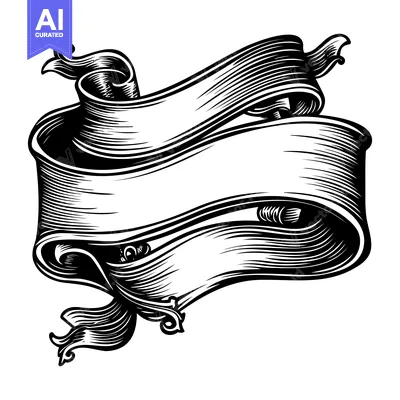 Aset desain premium: Ornate Black and White Ribbon Banner with Swirls