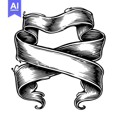 Aset premium populer: Black and White Hand-Drawn Ribbon Banner with Swirling Ends