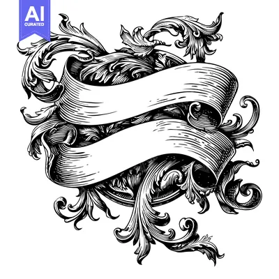 Aset desain premium: Ornate Floral Frame with Double Rolled Banner