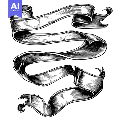 Hand-drawn black and white illustration of a curled ribbon banner