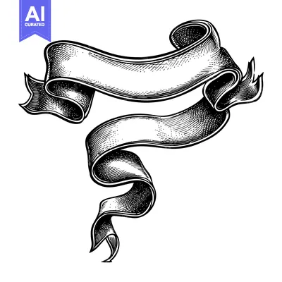 Aset premium populer: Hand-Drawn Black and White Ribbon Banner with Curved Design