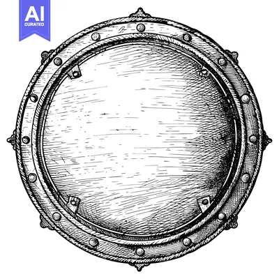 Aset desain premium: Hand-Drawn Sketch of a Circular Metal Shield with Detailed Ornamentati