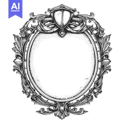 Aset premium populer: Ornate Black and White Shield Frame with Flourishes