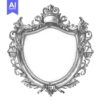Premium design asset: Ornate Hand-Drawn Shield with Crown and Floral Accents