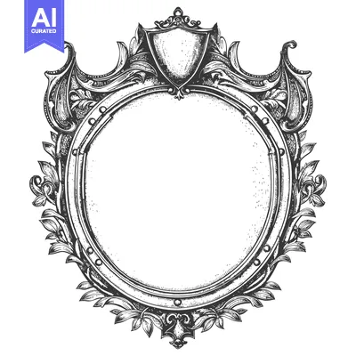 Aset desain premium: Ornate Circular Frame with Shield and Floral Elements