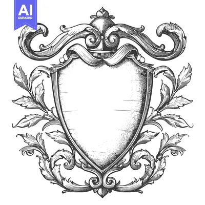 Aset desain premium: Ornate Shield with Flourished Frame and Scroll