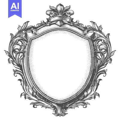 Aset premium populer: Ornate Hand-Drawn Shield with Flourishes and Crown